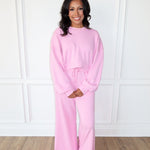 The Easy Does It Set – Bubblegum is a cozy women’s sweat set—perfect for casual outfits, travel days, lounging in style, and trendy boutique fashion.