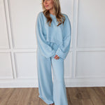 The Easy Does It Set – Washed Blue is a cozy women’s sweat set—perfect for casual outfits, travel days, lounging in style, and trendy boutique fashion.