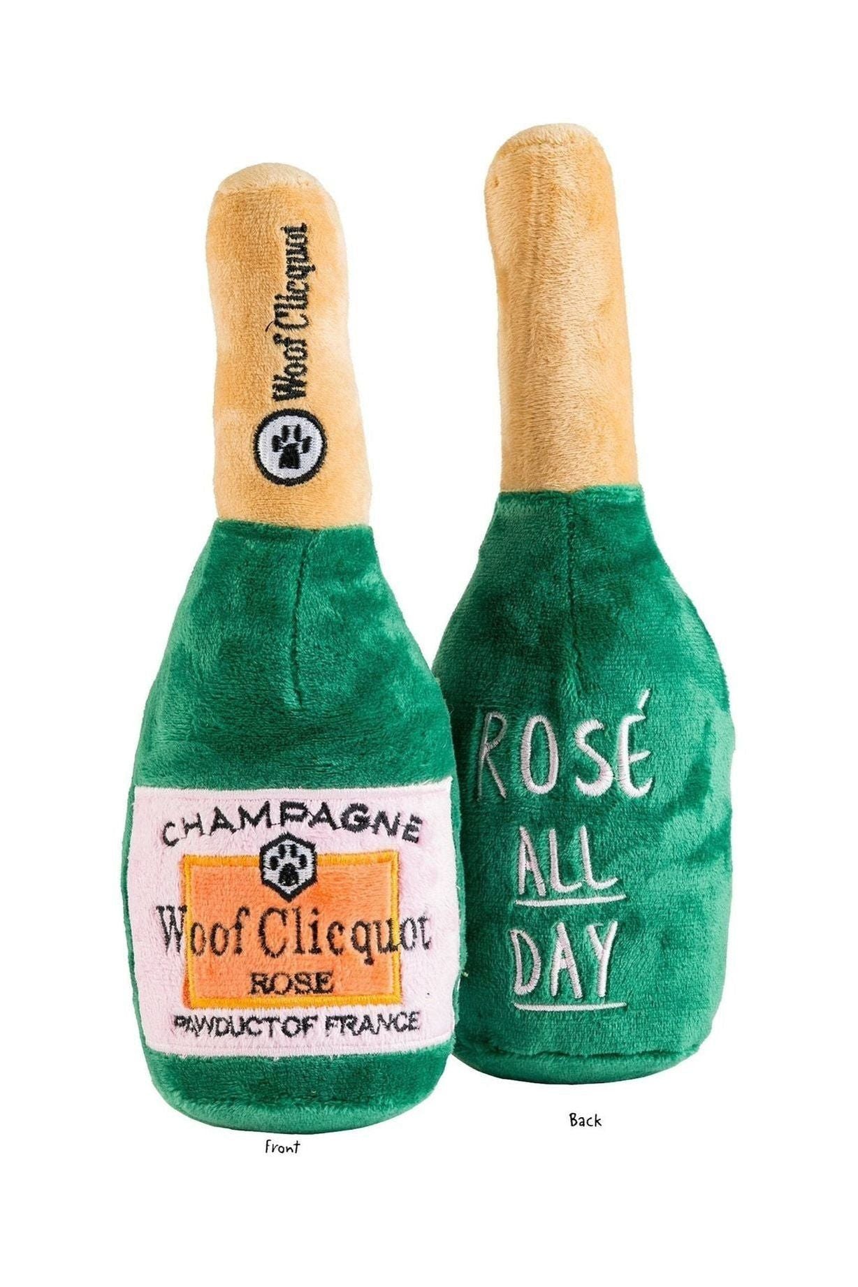 Woof Clicquot Rose' Champagne Bottle Squeaker Dog Toy: Small - Keepsake