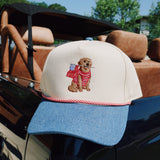 Golden Retriever Holding USA Flag Denim Brim Trucker Hat: