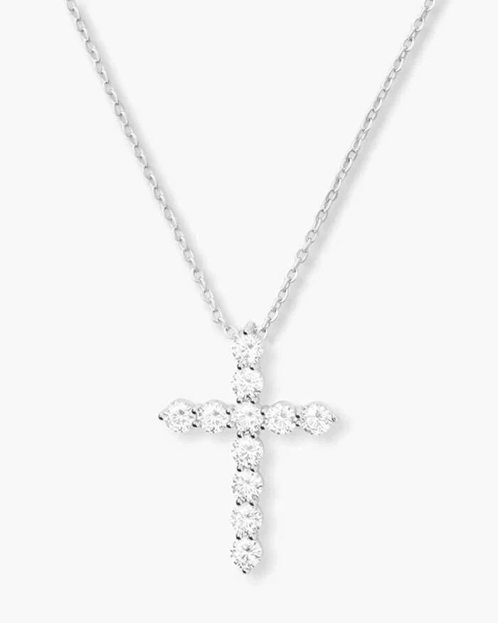 Oh She Fancy Small Cross Pendant Necklace - Silver/White - Keepsake