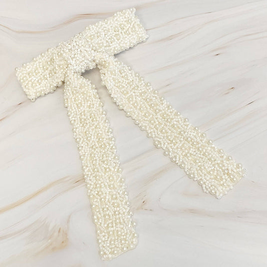 Luxe Beaded Pretty Bow Hair Clip: Cream