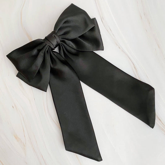 Doubled Satin Bow Hair Clip: Black