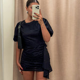 Midnight Charm Ruched Puff Sleeve Dress