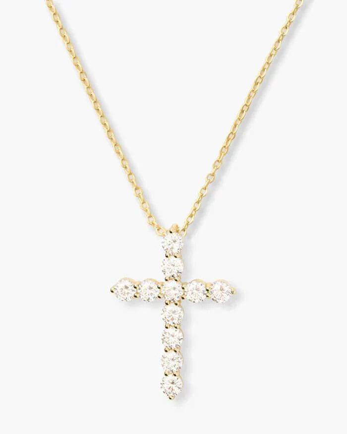 Oh She Fancy Small Cross Pendant Necklace - Gold/White - Keepsake