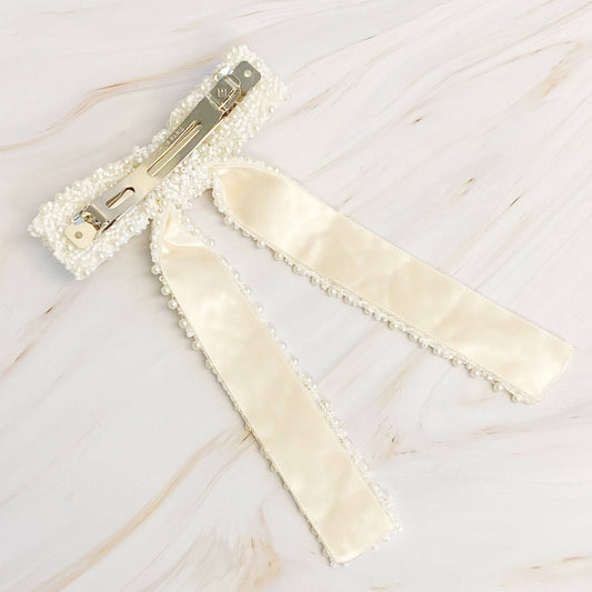 Luxe Beaded Pretty Bow Hair Clip: Cream