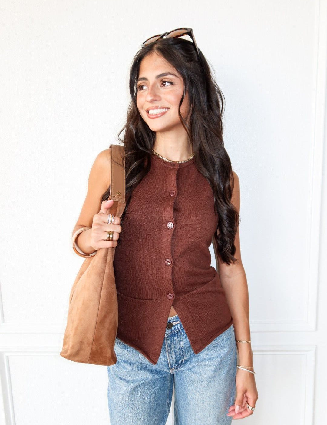 Buttoned Up Sleeveless Sweater - Brown - Keepsake