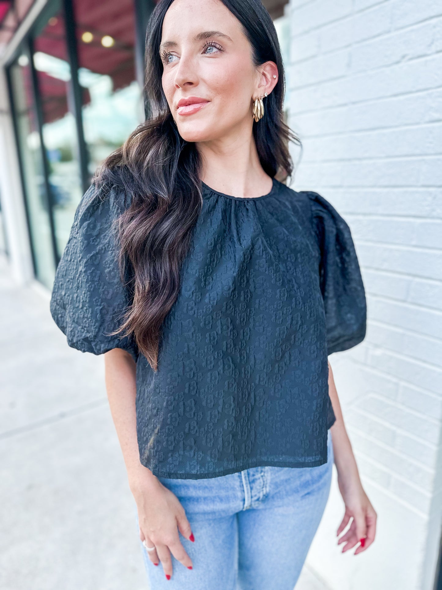 Jacquard Puff Sleeve Top