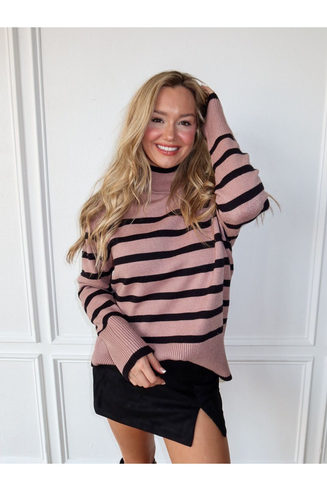 The Rowan Stripe Sweater is a cozy striped knit for women—perfect for fall layering, winter outfits, casual street style, and trendy boutique fashion.